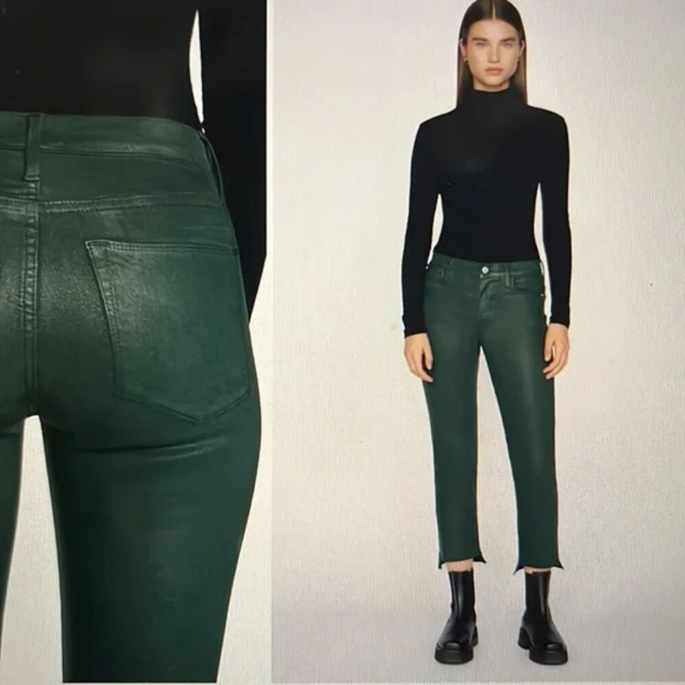 FRAME Jeans Womens Size 32 Green Coated Denim LE HIGH STRAIGHT Stretch Pine $260